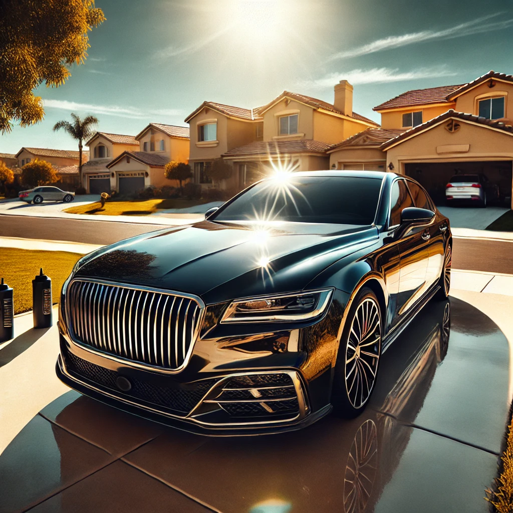 Luxury car with a deep, mirror-like gloss finish parked in a well-maintained driveway in a sunny Loma Linda neighborhood, showcasing the protective benefits of ceramic coating